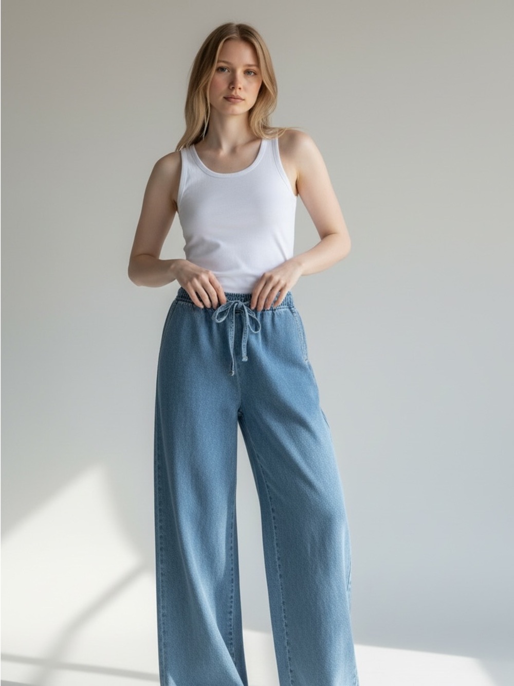 Zara Light Wash Drawstring Wide Leg Baggy Jeans XS
